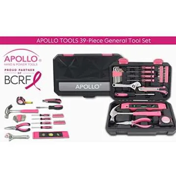 Apollo Tools 39 Piece General Household Tool Set in Toolbox Storage Case with Essential Hand Tools for Everyday Home Repairs, DIY and Crafts - Pink Ribbon - Pink - DT9711P