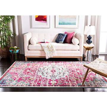 SAFAVIEH Madison Collection Accent Rug - 4' x 6', Fuchsia & Teal, Medallion Distressed Design, Non-S...