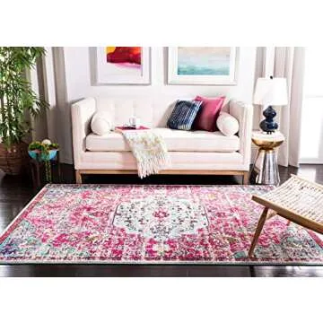 SAFAVIEH Madison Collection Accent Rug - 4' x 6', Fuchsia & Teal, Medallion Distressed Design, Non-S...