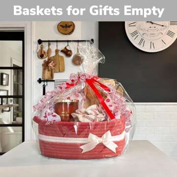 CHICVITA Basket for Gifts Small Storage Basket, Gift Baskets Empty, Baby Basket for Toys, Woven Rope Basket for Towels, Decorative Basket for Living Room, Red, 13"x 10"x 5"