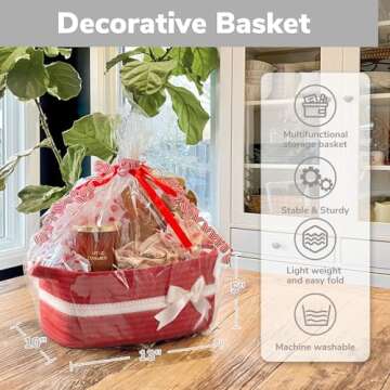 CHICVITA Basket for Gifts Small Storage Basket, Gift Baskets Empty, Baby Basket for Toys, Woven Rope Basket for Towels, Decorative Basket for Living Room, Red, 13"x 10"x 5"