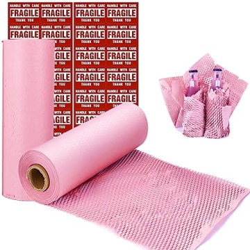 onesimcr Pink Honeycomb Wrapping Paper Wrap 15"x131' Sustainable Alternative to Bubble Wrap for Movi...