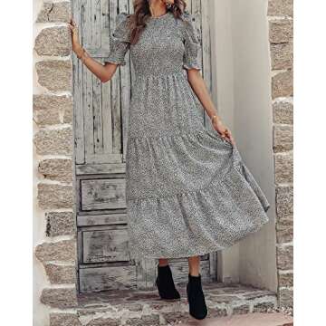 BTFBM Women Casual Summer Dresses 2024 Spring Crew Neck Ruffle Short Sleeve Floral Print Smocked Boho Flowy Maxi Dress(Leopard Apricot Grey, Small)