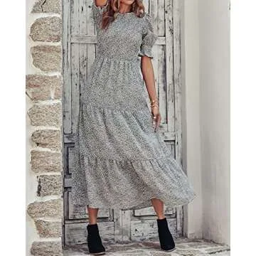 BTFBM Women Casual Summer Dresses 2024 Spring Crew Neck Ruffle Short Sleeve Floral Print Smocked Boho Flowy Maxi Dress(Leopard Apricot Grey, Small)