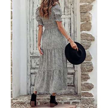 BTFBM Women Casual Summer Dresses 2024 Spring Crew Neck Ruffle Short Sleeve Floral Print Smocked Boho Flowy Maxi Dress(Leopard Apricot Grey, Small)