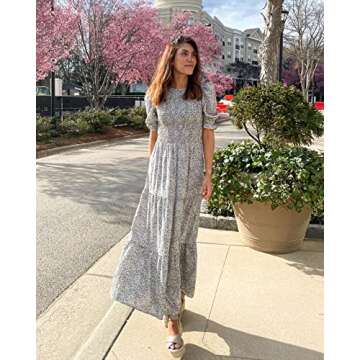 BTFBM Women Casual Summer Dresses 2024 Spring Crew Neck Ruffle Short Sleeve Floral Print Smocked Boho Flowy Maxi Dress(Leopard Apricot Grey, Small)