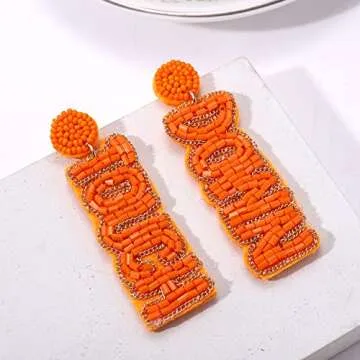 Beaded Earrings Football Game Day Earrings for Women Handmade Letter Touchdown Earrings Statement Team Earrings Sport Party Favors Jewelry Gift (Orange)