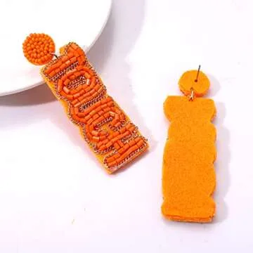 Beaded Earrings Football Game Day Earrings for Women Handmade Letter Touchdown Earrings Statement Team Earrings Sport Party Favors Jewelry Gift (Orange)