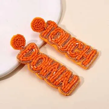Beaded Earrings Football Game Day Earrings for Women Handmade Letter Touchdown Earrings Statement Team Earrings Sport Party Favors Jewelry Gift (Orange)