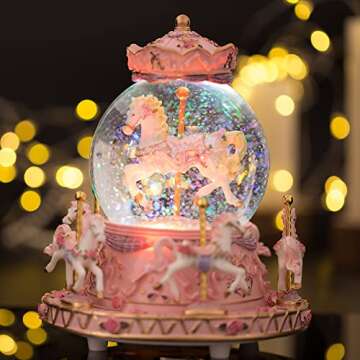 LOVE FOR YOU Gift Wrapped Music Box Carousel Horses Color Lights Unicorn Musical Snow Globe for Girl...