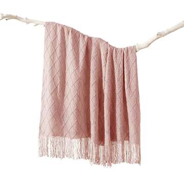 BATTILO HOME Blush Throw Blanket with Tassels, Pink Knit Blanket for Home Decor, Boho Style Textured...