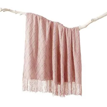 BATTILO HOME Blush Throw Blanket with Tassels, Pink Knit Blanket for Home Decor, Boho Style Textured...