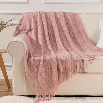 BATTILO HOME Blush Throw Blanket with Tassels, Pink Knit Blanket for Home Decor, Boho Style Textured Knitted Decorative Blanket for Couch, Sofa &Bed, 50"x60"