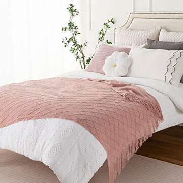BATTILO HOME Blush Throw Blanket with Tassels, Pink Knit Blanket for Home Decor, Boho Style Textured Knitted Decorative Blanket for Couch, Sofa &Bed, 50"x60"