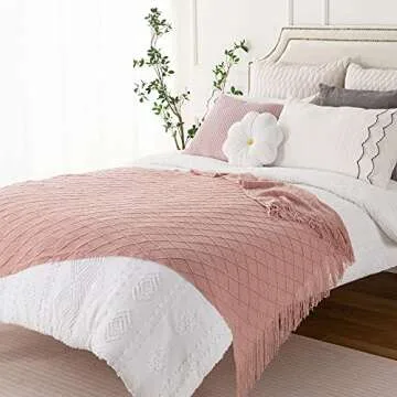 BATTILO HOME Blush Throw Blanket with Tassels, Pink Knit Blanket for Home Decor, Boho Style Textured Knitted Decorative Blanket for Couch, Sofa &Bed, 50"x60"
