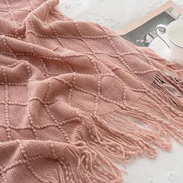 BATTILO HOME Blush Throw Blanket with Tassels, Pink Knit Blanket for Home Decor, Boho Style Textured Knitted Decorative Blanket for Couch, Sofa &Bed, 50"x60"