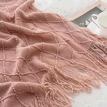 BATTILO HOME Blush Throw Blanket with Tassels, Pink Knit Blanket for Home Decor, Boho Style Textured Knitted Decorative Blanket for Couch, Sofa &Bed, 50"x60"