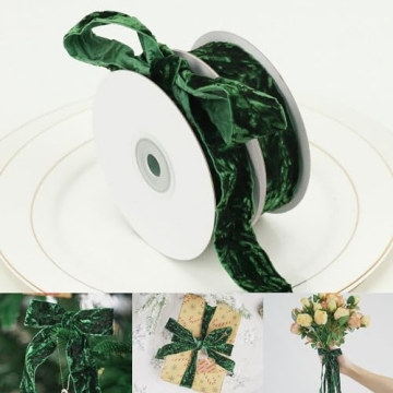 HUIHUANG Forest Green Velvet Ribbon 1 inch x 10 Yards Luxury Crushed Christmas Green Velvet Ribbon f...