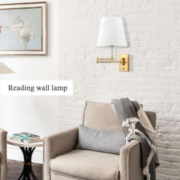 HYDELITE Gold Swing Arm Wall Lamp Brass Wall Sconces with Linen Shade | Plug-in or Hardwired Wall Li...