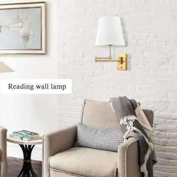 HYDELITE Gold Swing Arm Wall Lamp Brass Wall Sconces with Linen Shade | Plug-in or Hardwired Wall Li...