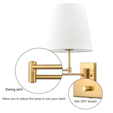 HYDELITE Gold Swing Arm Wall Lamp Brass Wall Sconces with Linen Shade | Plug-in or Hardwired Wall Light Fixtures Bedroom Bedside, House Reading, Living Room, Home Hallway, Dinning Set of 2