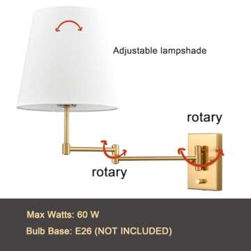HYDELITE Gold Swing Arm Wall Lamp Brass Wall Sconces with Linen Shade | Plug-in or Hardwired Wall Light Fixtures Bedroom Bedside, House Reading, Living Room, Home Hallway, Dinning Set of 2