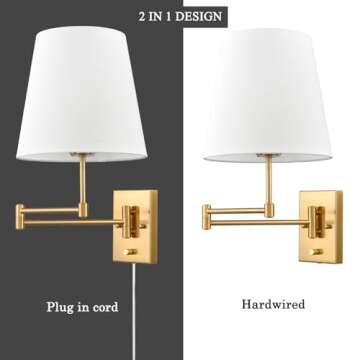 HYDELITE Gold Swing Arm Wall Lamp Brass Wall Sconces with Linen Shade | Plug-in or Hardwired Wall Light Fixtures Bedroom Bedside, House Reading, Living Room, Home Hallway, Dinning Set of 2