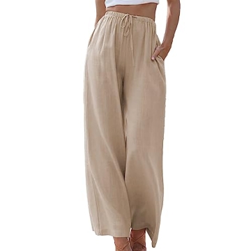 Duyang Womens Cotton Linen Palazzo Pants Drawstring Elastic Waist Casual Wide Leg Trousers with Pock...