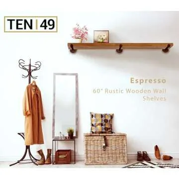 TEN49 Industrial Rustic Wood Wall Shelf - 60" Espresso Real Wooden Shelf w/ 1.8" Extra Thickness - M...