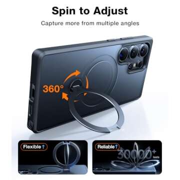 TORRAS 360° Spin Magnetic Stand for Samsung Galaxy S25 Ultra Case, Fit for Magsafe, Military Grade Slim Protective S25 Ultra Case with Kickstand & Ring Holder, Ostand Spin, Translucent Forested Black