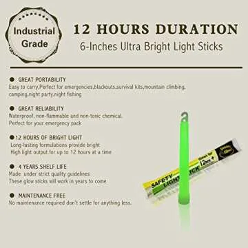 12 Industrial Grade Glow Sticks/ 6 inches Ultra Bright Light Sticks Emergency Light Sticks for Camping Accessories, Hurricane Supplies,Earthquake, Survival Kit and More - Lasts Over 12 Hours (Green)