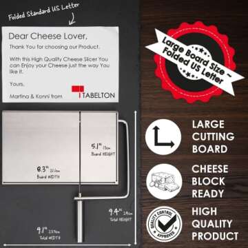 TABELTON Cheese Slicer with Wire for Block Cheese - Heavy Duty Adjustable Cheese Cutter Board with 4 Replacement Wires - Stainless Steel Precise Scale for Clear Cuts