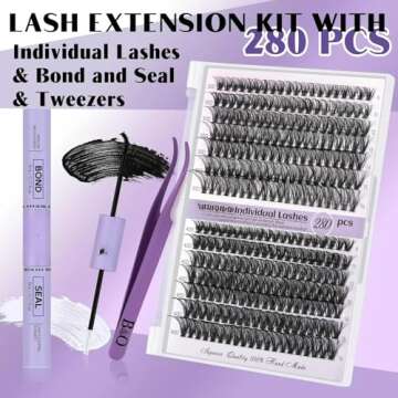 B&Qaugen DIY Lash Extension Kit 280pcs Individual Lashes Cluster B&Q D Curl Eyelash Clusters with Bo...
