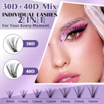 B&Qaugen DIY Lash Extension Kit 280pcs Individual Lashes Cluster B&Q D Curl Eyelash Clusters with Bond and Seal Applicator Tool for Self Application (KIT,30D40D-0.07D-9-16MIX)