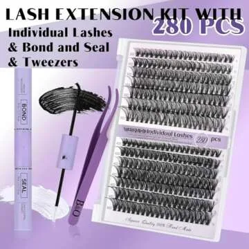 B&Qaugen DIY Lash Extension Kit 280pcs Individual Lashes Cluster B&Q D Curl Eyelash Clusters with Bond and Seal Applicator Tool for Self Application (KIT,30D40D-0.07D-9-16MIX)