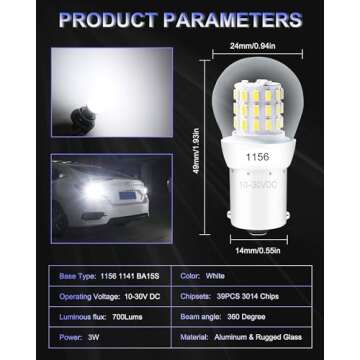 Alopee 1156 LED Bulb White Super Bright Non Polarity DC 9-30V Replacement for P21W 7506 1141 5008 Re...