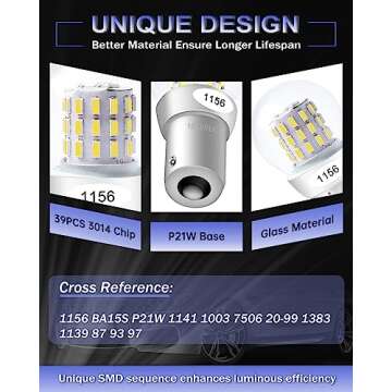 Alopee 1156 LED Bulb White Super Bright Non Polarity DC 9-30V Replacement for P21W 7506 1141 5008 Reverse Turn Signal Brake Lights Motorcycle Lawn Tractor Light, Pack of 2