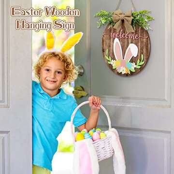 Capoda Easter Wooden Hanging Sign for Front Door Bunny Rabbit Welcome Door Decorations with Bow Rust...