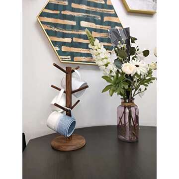 Dorhors Mug Holder Tree,Coffee Cup Holder with 6 Hooks, Wood Mug Rack for Counter,Coffee Bar Accessories and Orgnizer Station(Brown)