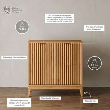 Nathan James Jasper Modern Sideboard, Kitchen Storage Cabinet with Fluted Doors, Accent Storage for Kitchen or Living Room, Warm Pine