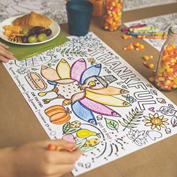 Tiny Expressions - Thanksgiving Coloring Placemats for Kids - Set of 12 Paper Placemats to Color, Turkey 'I Am Thankful for' Theme - Fall Thanksgiving Crafts for Kids