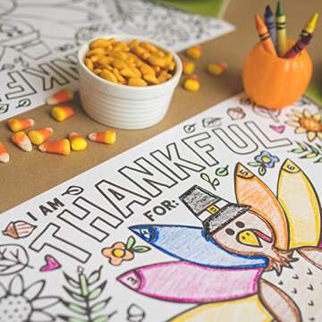 Tiny Expressions - Thanksgiving Coloring Placemats for Kids - Set of 12 Paper Placemats to Color, Turkey 'I Am Thankful for' Theme - Fall Thanksgiving Crafts for Kids