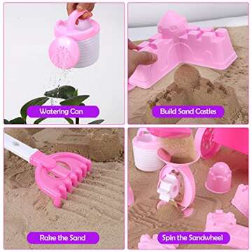 14 PCS Pink Princess Beach Wagon Plastic Toy Playset for Kids with Castle Molds, Sand Wheel, Water P...