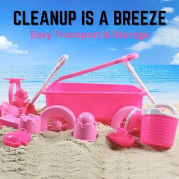 14 PCS Pink Princess Beach Wagon Plastic Toy Playset for Kids with Castle Molds, Sand Wheel, Water Pail, Play Tools and Featured Molds