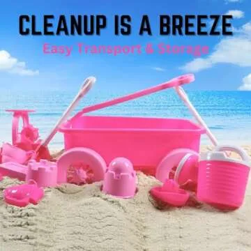 14 PCS Pink Princess Beach Wagon Plastic Toy Playset for Kids with Castle Molds, Sand Wheel, Water Pail, Play Tools and Featured Molds