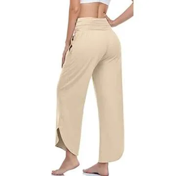 UEU Women's Wide Leg Yoga Pants High Waisted Comfy Dance Sweatpants Loose Casual Soft Lounge Joggers for Women with Pockets (Light Khaki, M)