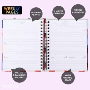2025 Eccolo Spiral Agenda Planner, Strawberry, Weekly & Monthly Pages, 12 Month, Sticker Sheets, Inspirational Quotes (7.75 x 8.75, Hardcover)