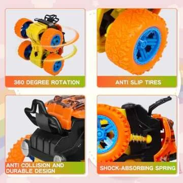 LEFEI Monster Truck for Boys 3 4 5 6 7 Year Old,4 Pack Push and Go Friction Powered Car Toys, Double-Directions Inertia Pull Back Vehicle Set,Birthday Party Gift for Kids