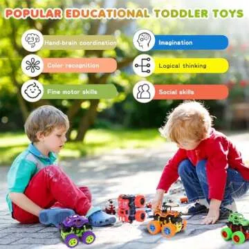 LEFEI Monster Truck for Boys 3 4 5 6 7 Year Old,4 Pack Push and Go Friction Powered Car Toys, Double-Directions Inertia Pull Back Vehicle Set,Birthday Party Gift for Kids