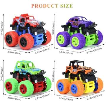 LEFEI Monster Truck for Boys 3 4 5 6 7 Year Old,4 Pack Push and Go Friction Powered Car Toys, Double-Directions Inertia Pull Back Vehicle Set,Birthday Party Gift for Kids